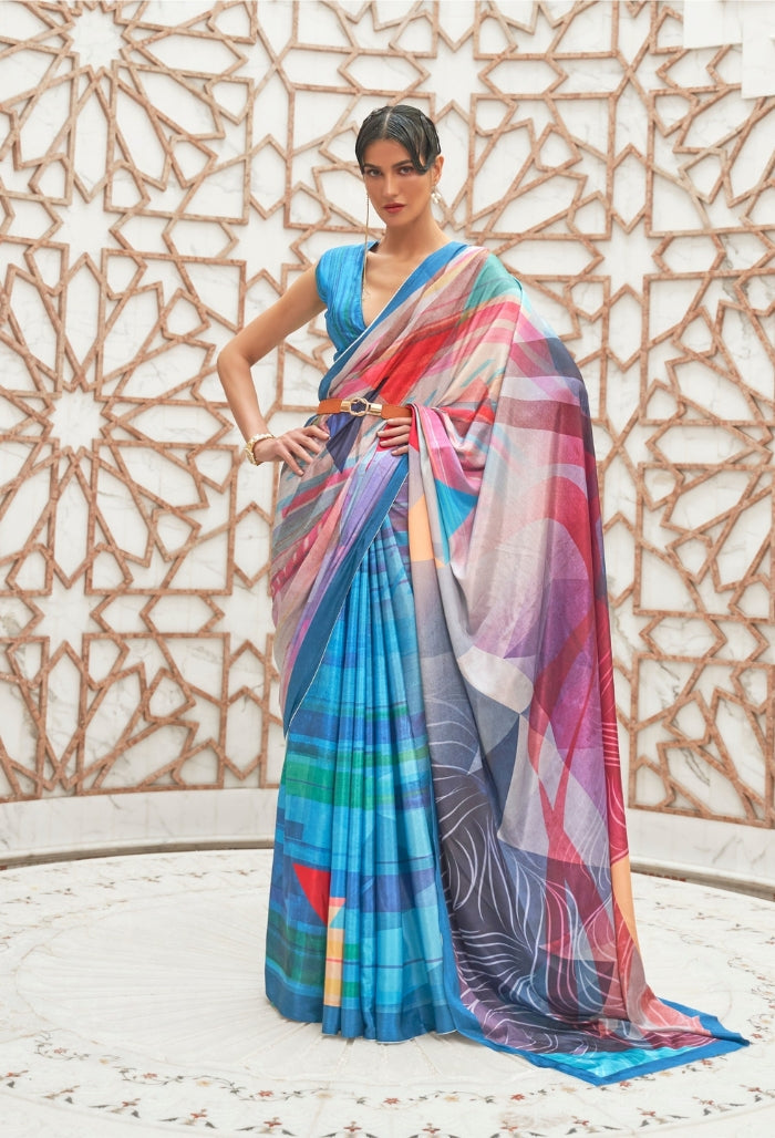 aqua mirage  pure silk creep saree