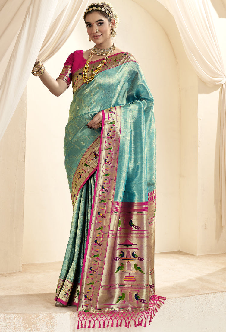 Deep Aqua Pure Paithani Tissue Silk with Zari Border