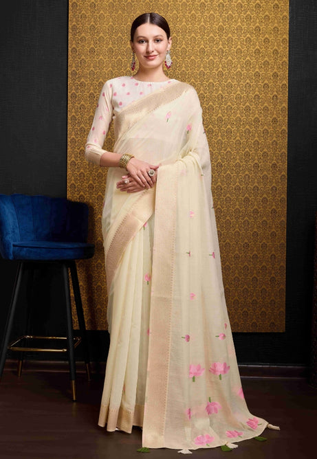 Elegant Cream Linen Saree