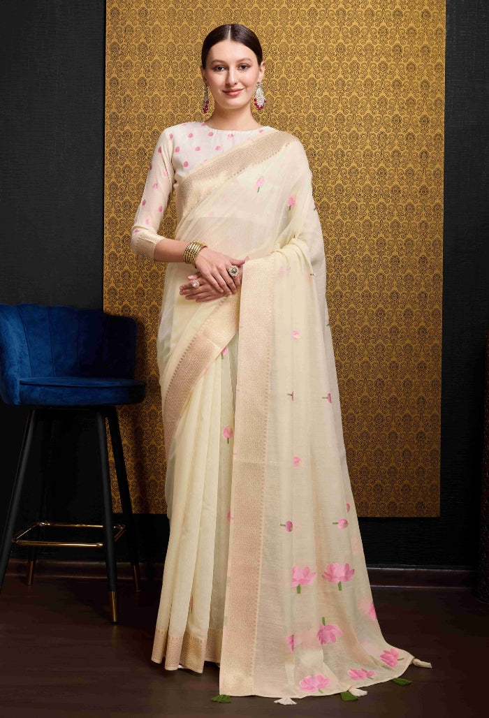 Elegant Cream Linen Saree