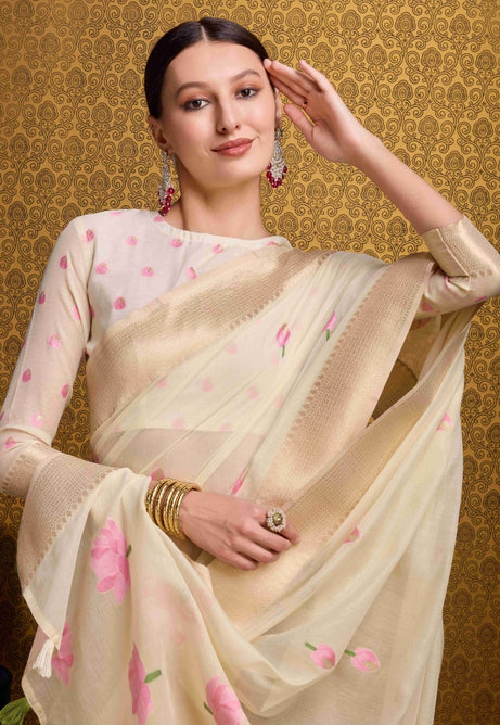 Elegant Cream Linen Saree