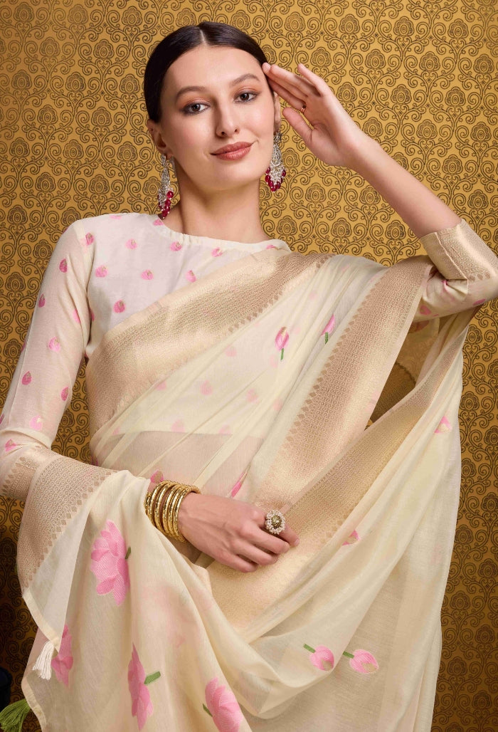 Elegant Cream Linen Saree
