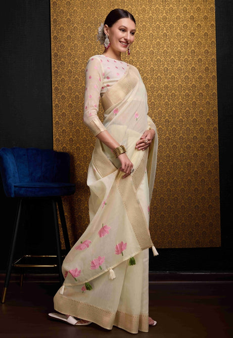 Elegant Cream Linen Saree