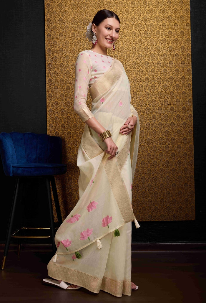 Elegant Cream Linen Saree