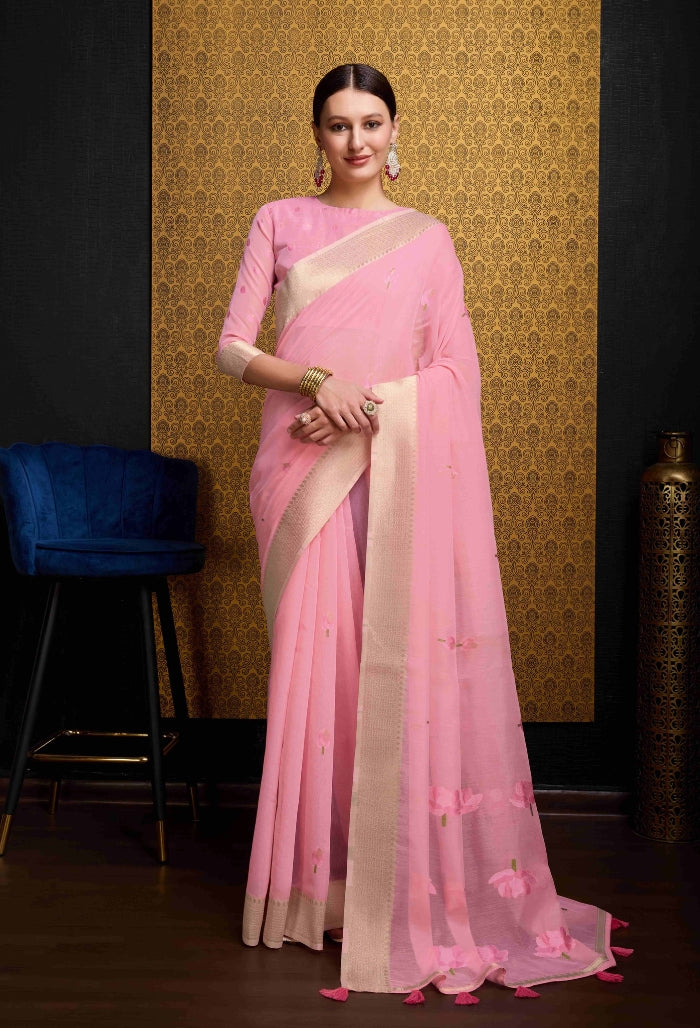 Gentle Baby Pink Linen Saree