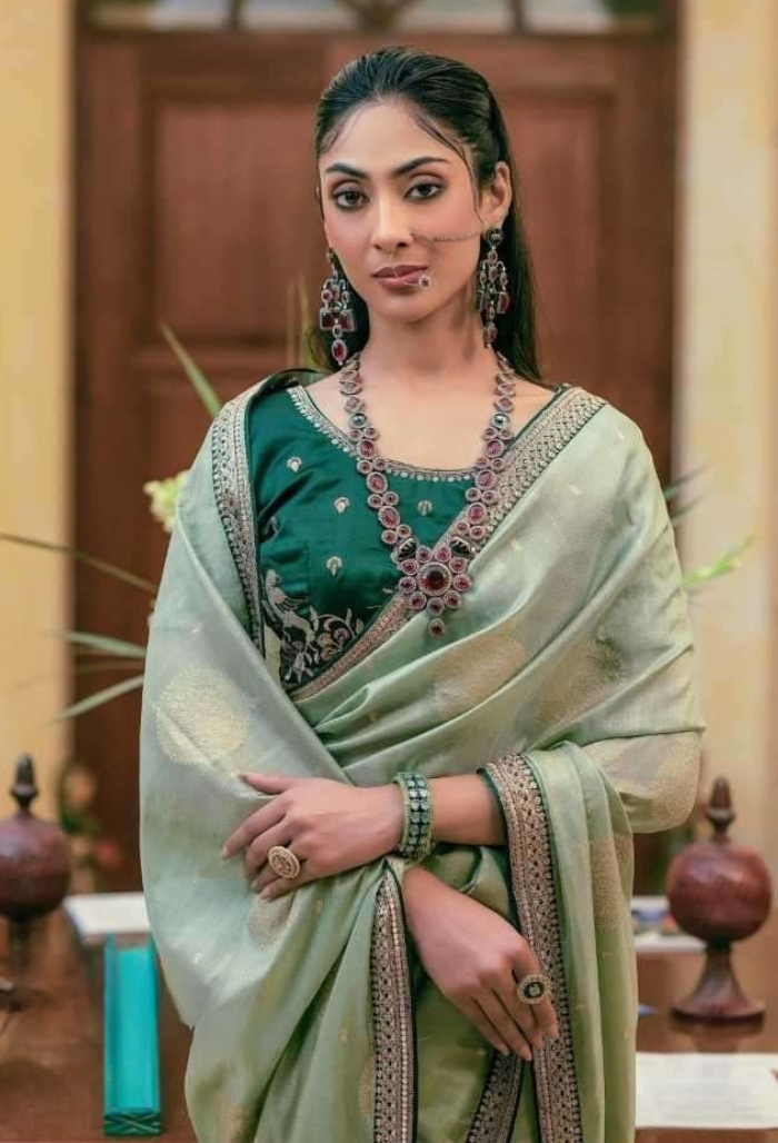 Pistachio Whisper Pure Dola Silk Saree