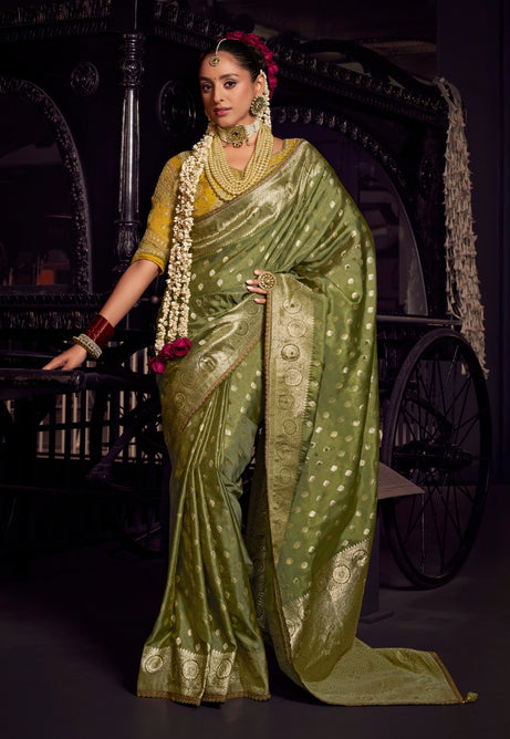 Chic Olive Green Pure Viscose Tissue Saree