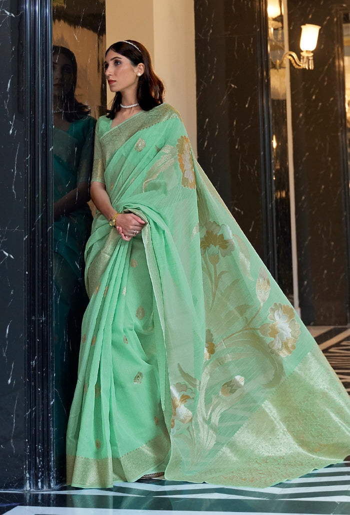 Jade Elegance Pure Linen Weaving Saree