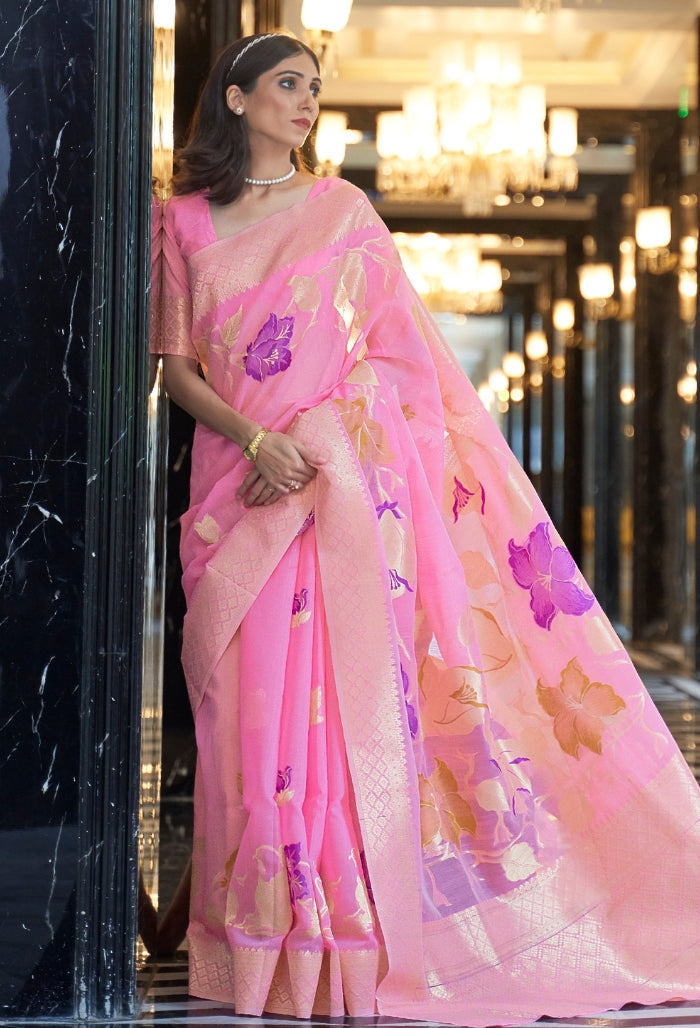 Blush Bloom Pure Linen Weaving Saree