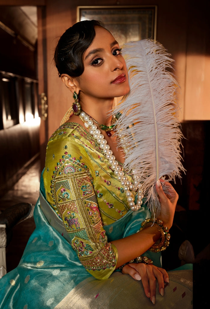 Aqua Blue Pure Tissue Paithani Saree