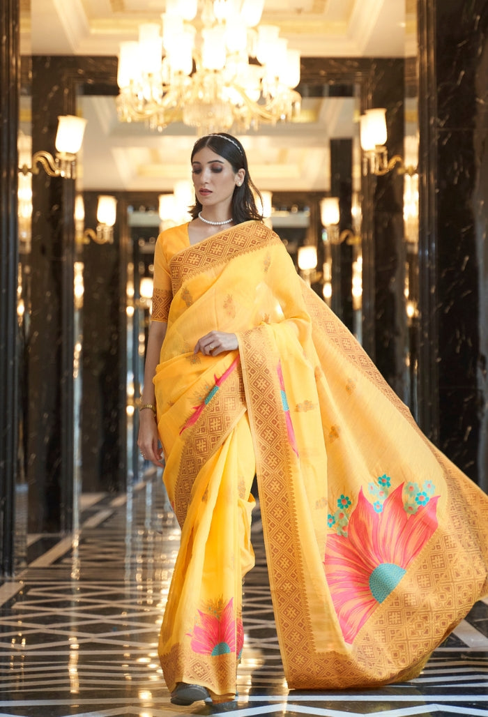 Golden Sunrise Pure Linen Weaving Saree