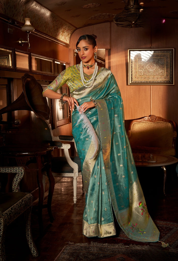Aqua Blue Pure Tissue Paithani Saree
