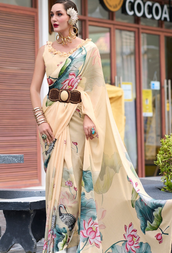 Beige Blossom Pure Georgette Saree (With Exclusive Print)