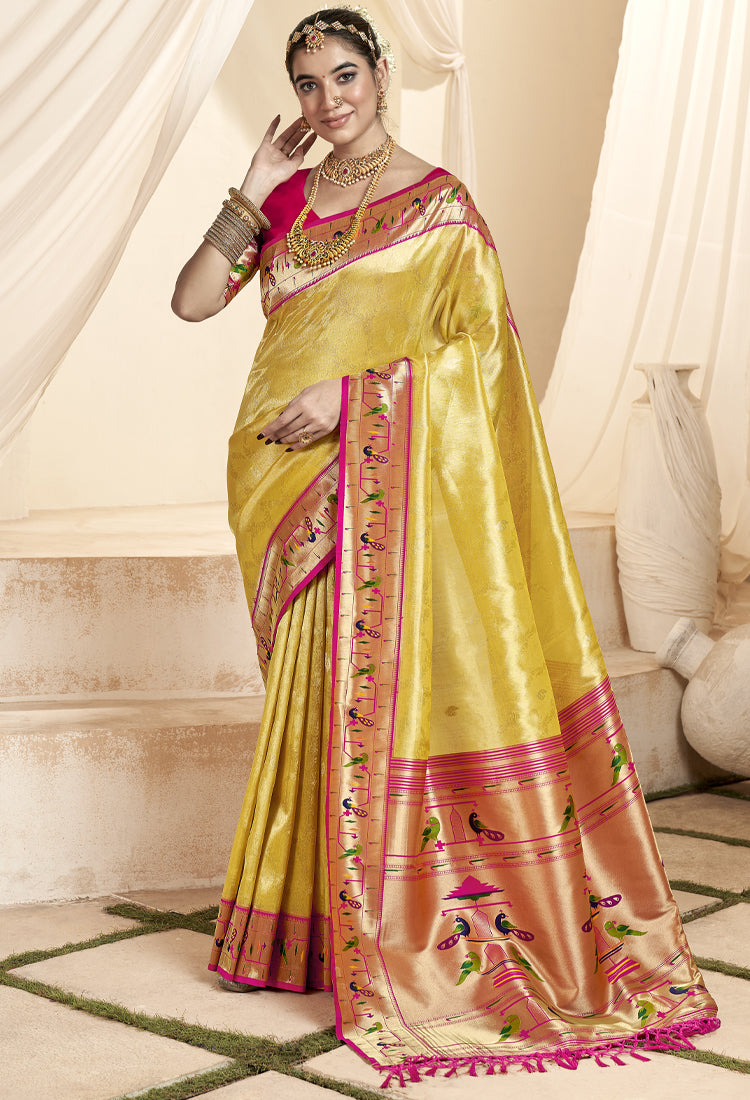 Old Gold Pure Paithani Tissue Silk with Zari Border