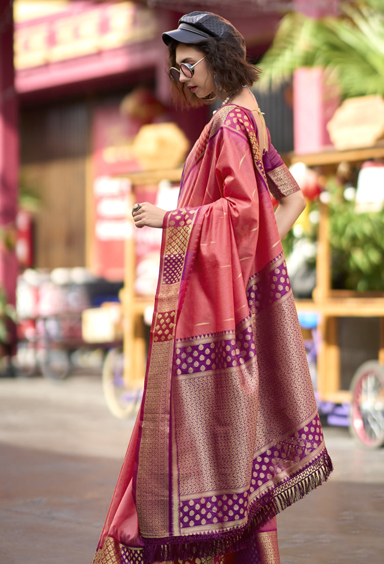 Coral Pink Pure Banarasi Saree