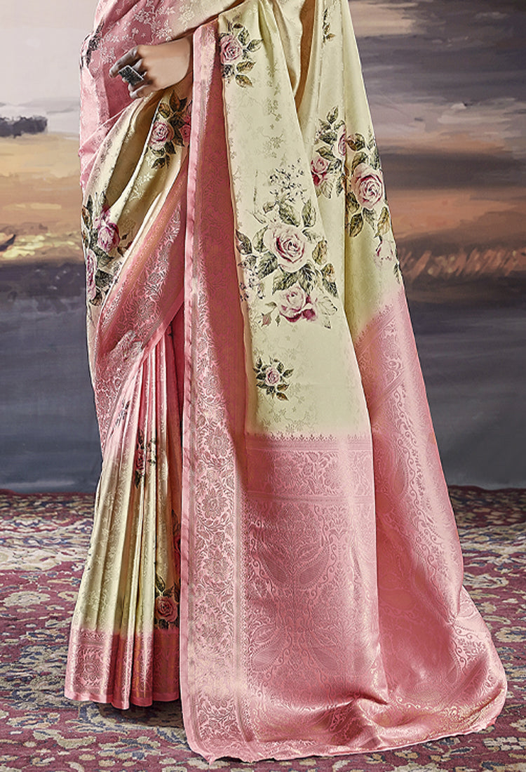 Dessert Sand and Blush Pink  Pure Satin with Handwoven Dual Shade & Floral Digital Print