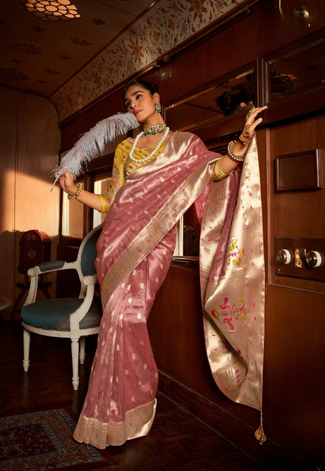 Soft Rose Pink Pure Tissue Paithani Saree