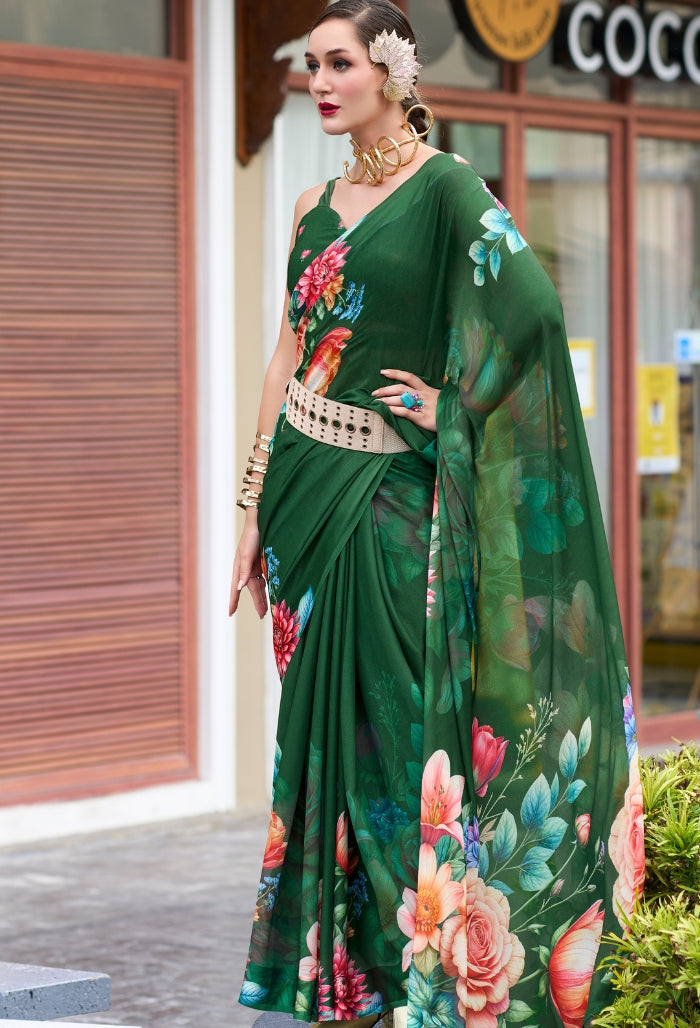 Forest Green Pure Georgette Saree (With Exclusive Print)