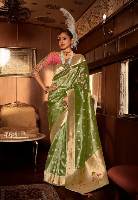Olive Green Pure Tissue Paithani Saree