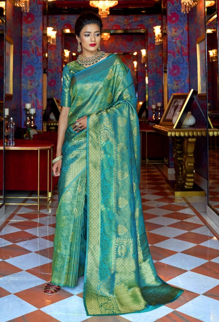 Turquoise Handloom Weaving Sarees