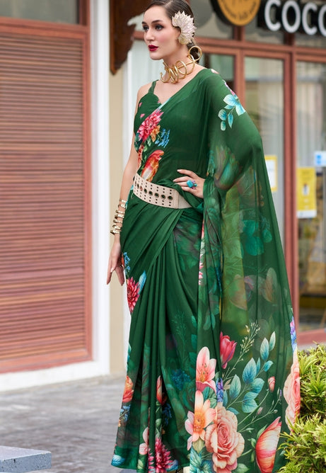 Forest Green Pure Georgette Saree