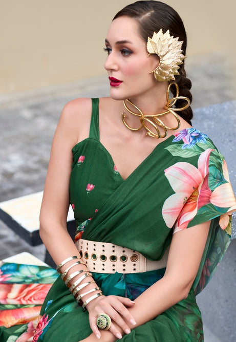 Forest Green Pure Georgette Saree