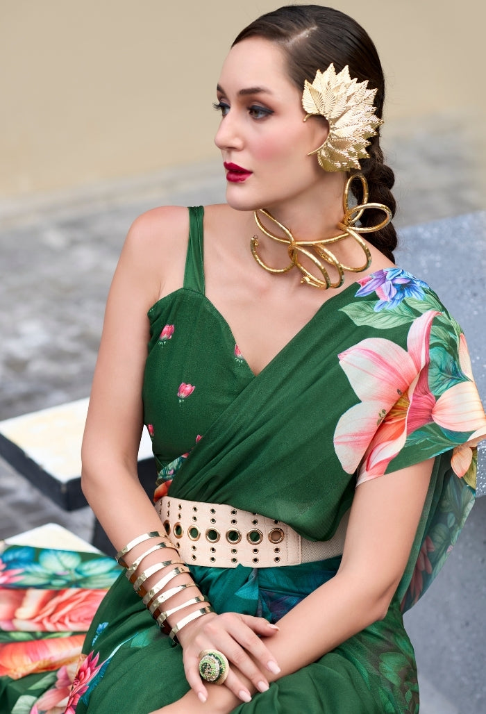 Forest Green Pure Georgette Saree