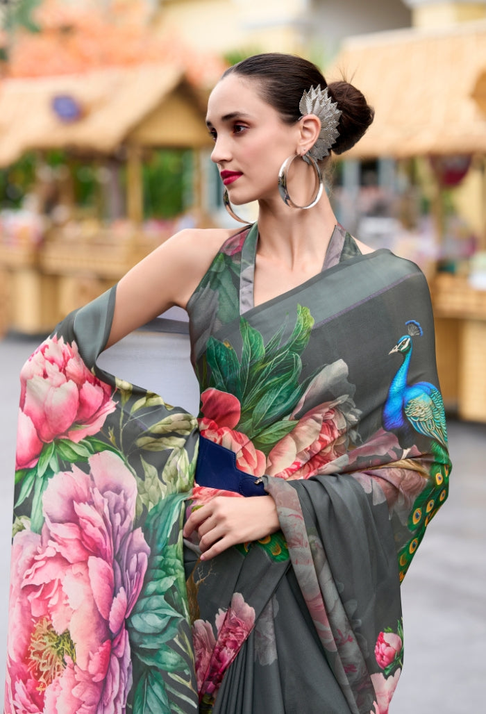 Graphite Grace Pure Georgette Saree (With Exclusive Print)