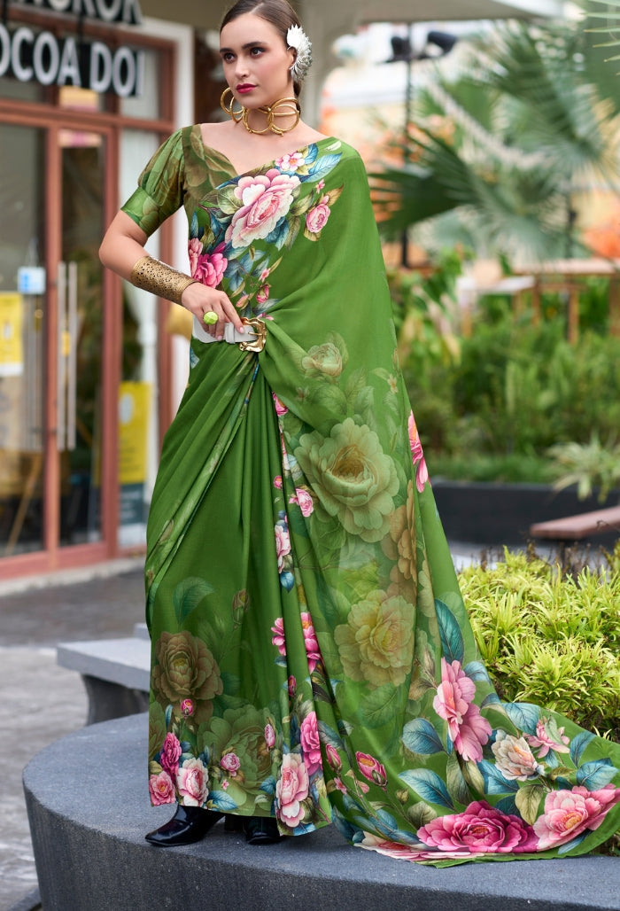 Moss green Pure Georgette Saree (With Exclusive Print)