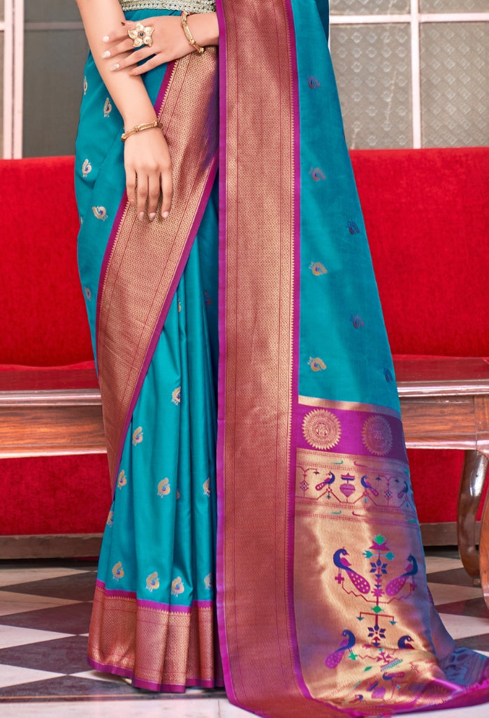 Ocean Blue Elegance Peshwai Paithani Silk saree