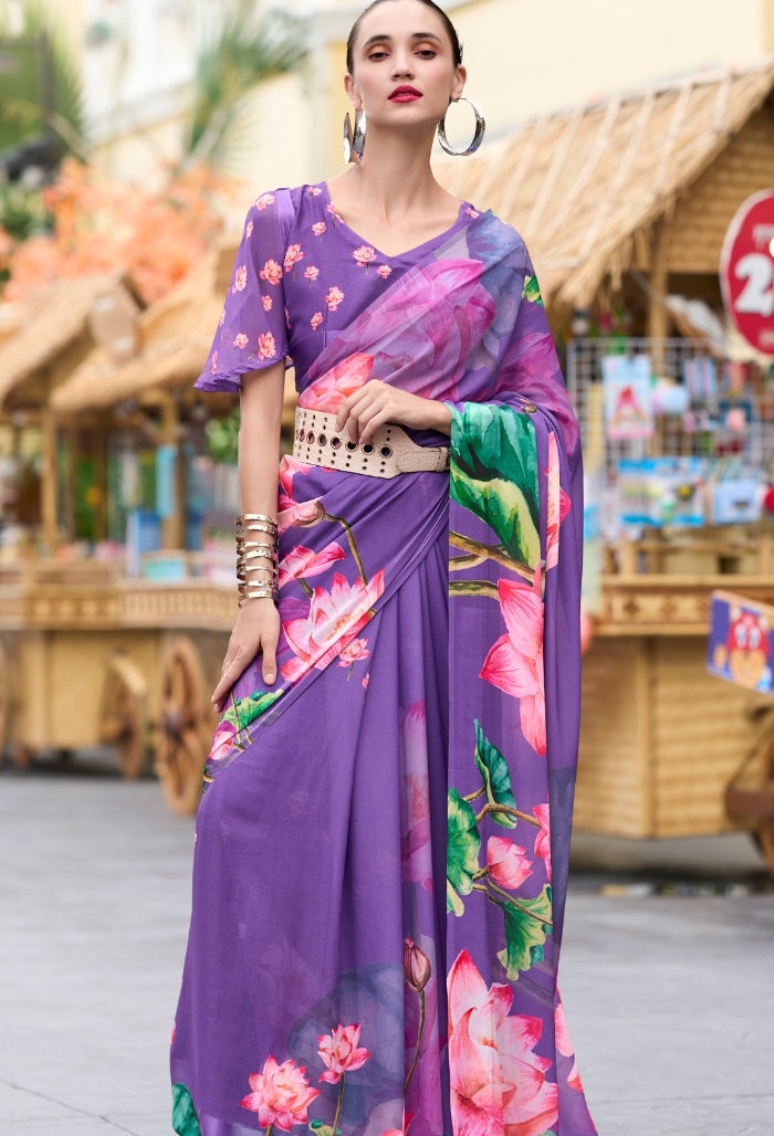 Lavender Lush Pure Georgette Saree (With Exclusive Print)