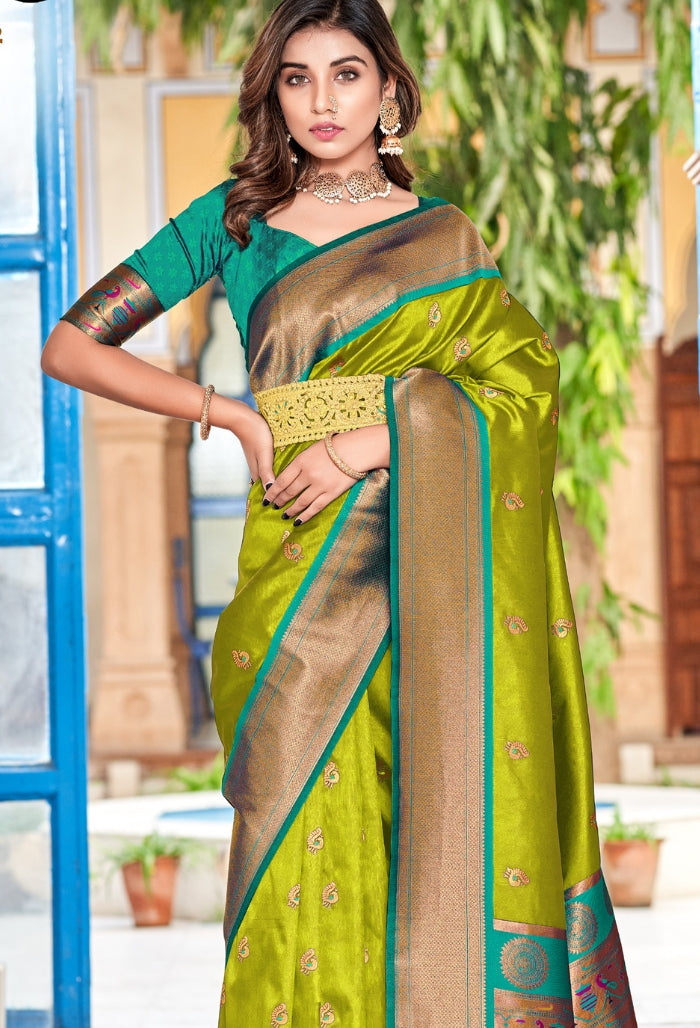 light green Pure Dharamavaram silk saree