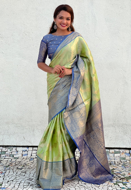 Blue Mist with Green Tissue Silk Saree