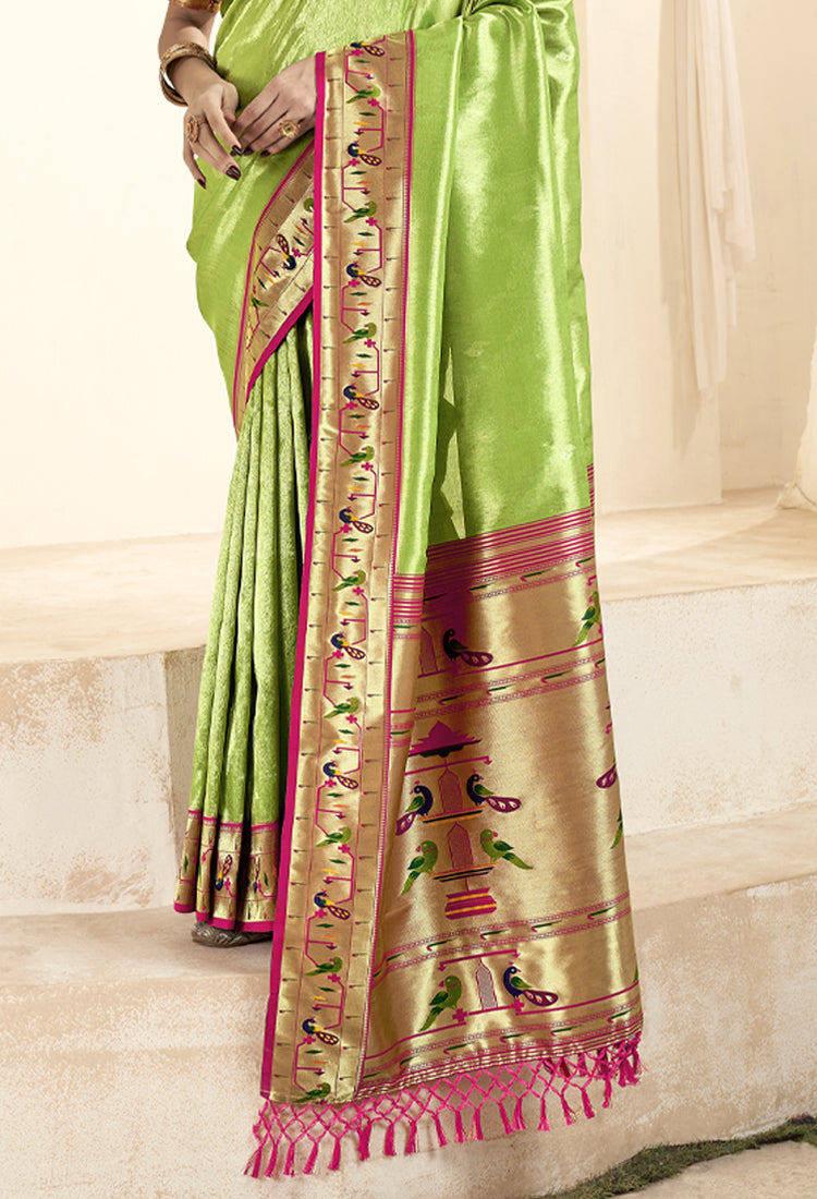 Olive Green Pure Paithani Tissue Silk with Zari Border