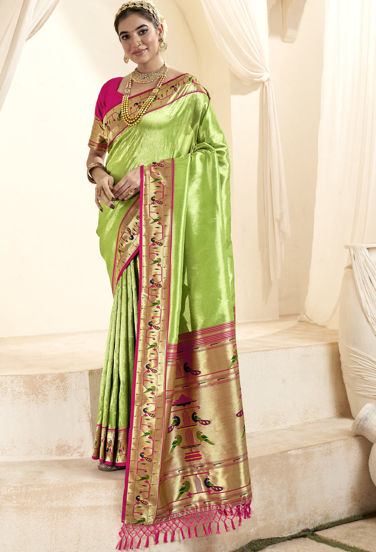 Olive Green Pure Paithani Tissue Silk with Zari Border