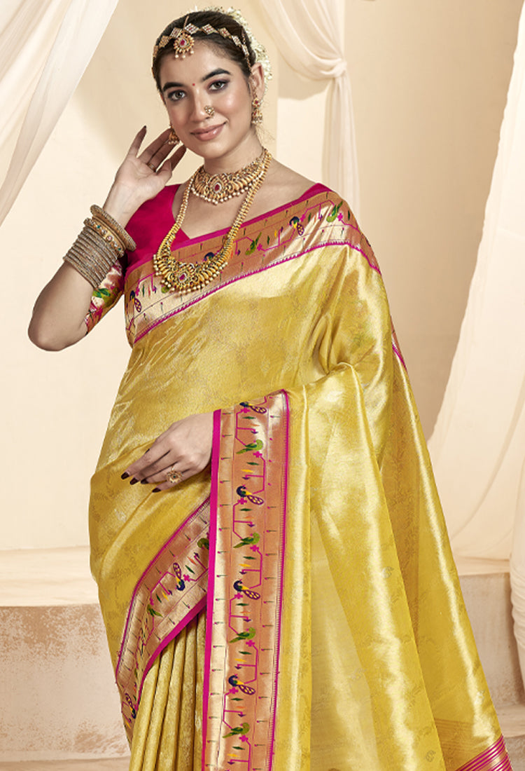 Old Gold Pure Paithani Tissue Silk with Zari Border