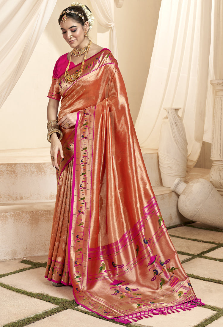 Orangy Red Pure Paithani Tissue Silk with Zari Border