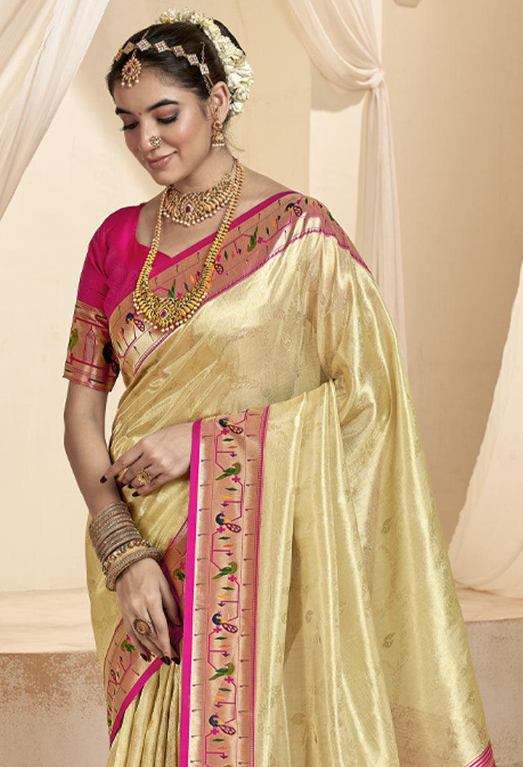 Desert Sand Pure Paithani Tissue Silk with Zari Border