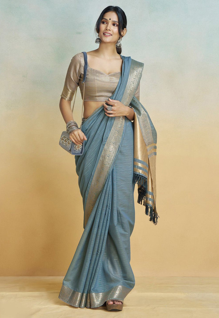 Serene Blue Grey Silk Saree