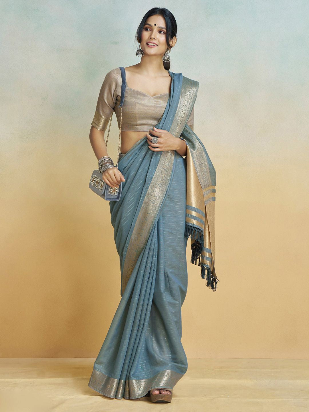Serene Blue Grey Silk Saree