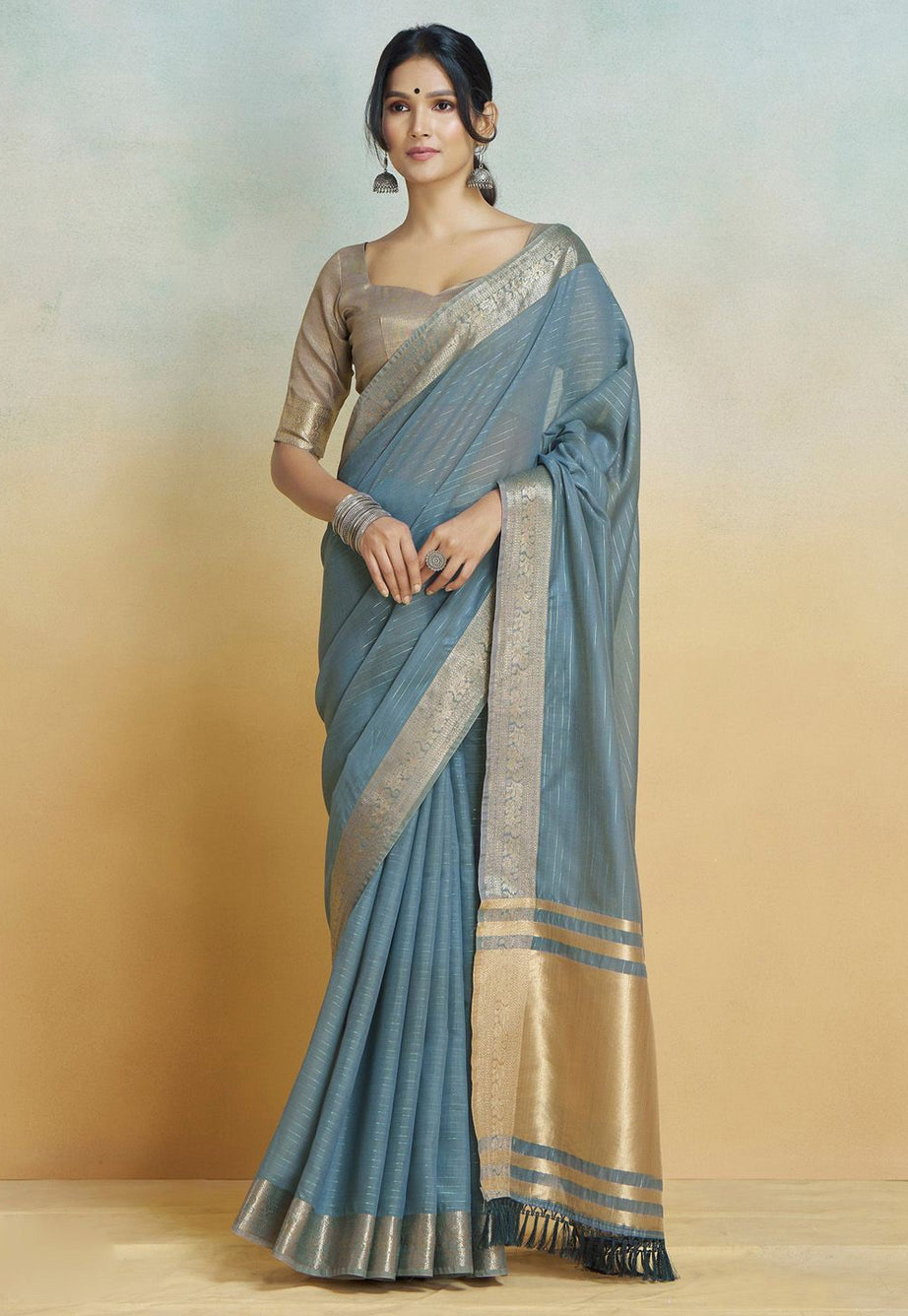 Serene Blue Grey Silk Saree