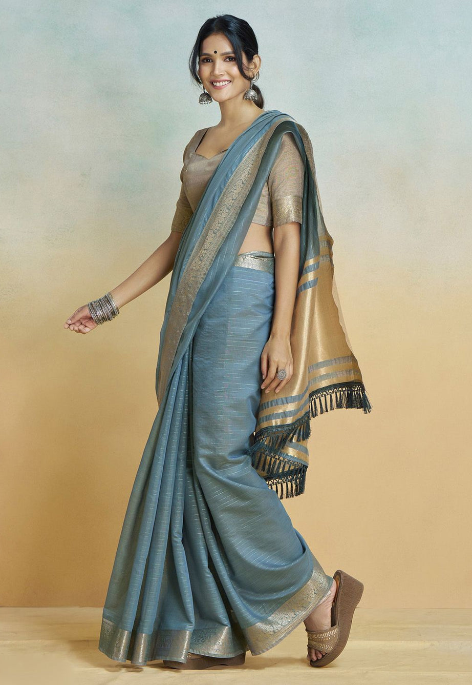 Serene Blue Grey Silk Saree