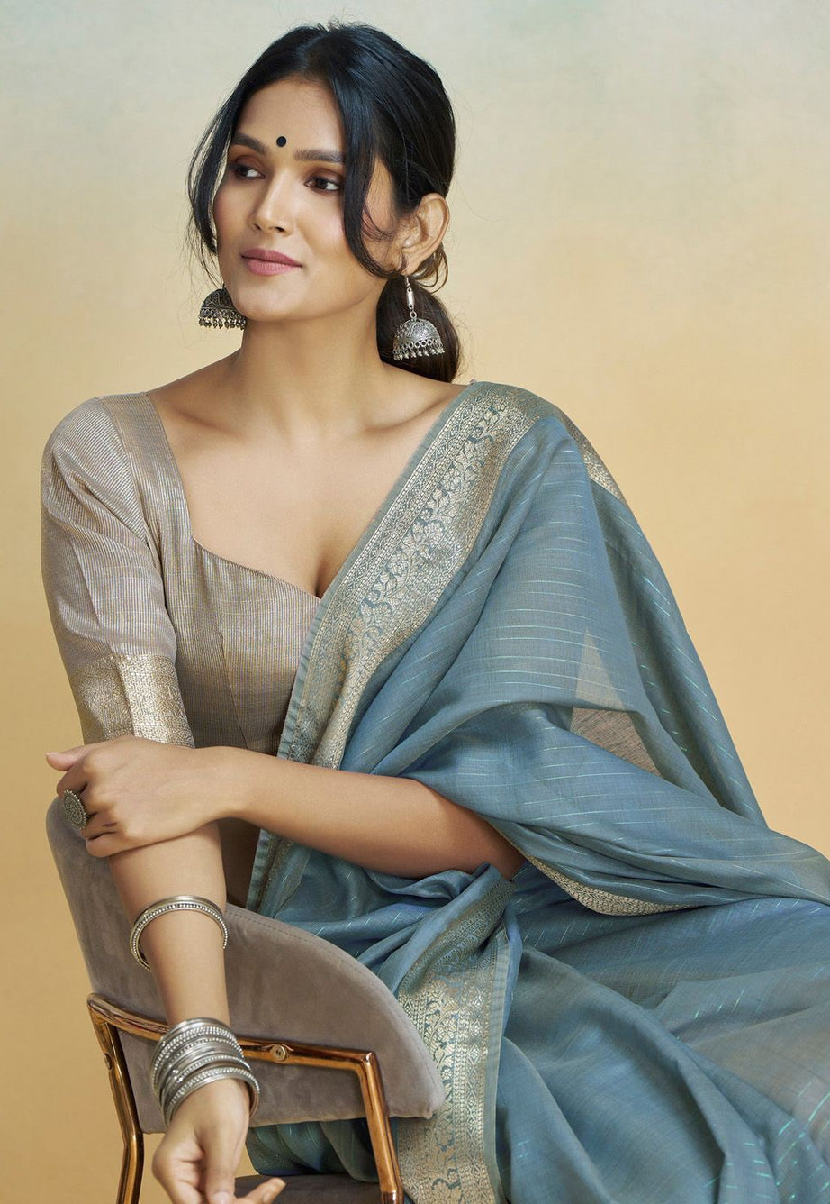Serene Blue Grey Silk Saree