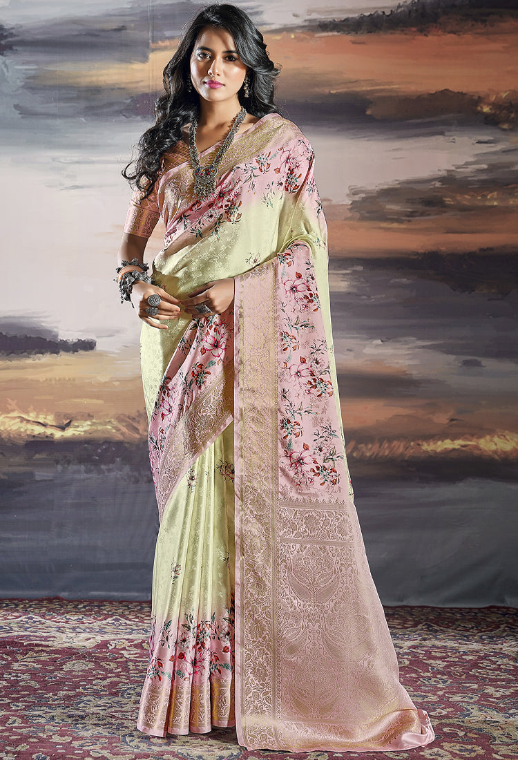 Pearl Bush  Pure Satin with Handwoven Dual Shade & Floral Digital Print