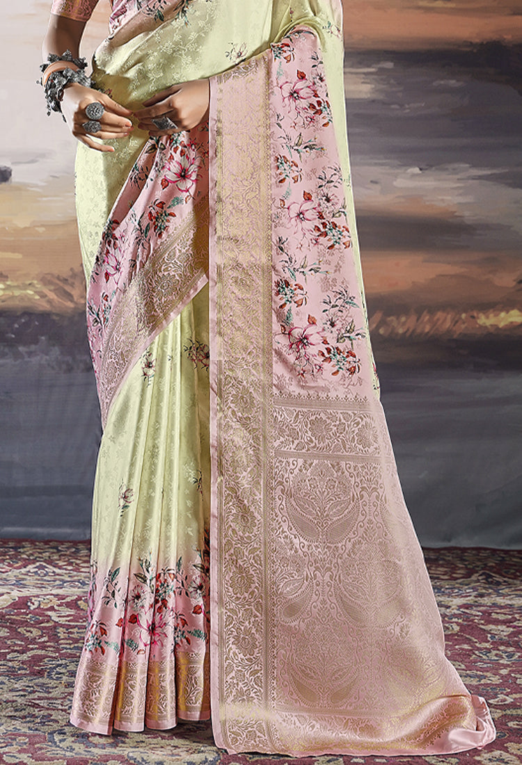 Pearl Bush  Pure Satin with Handwoven Dual Shade & Floral Digital Print