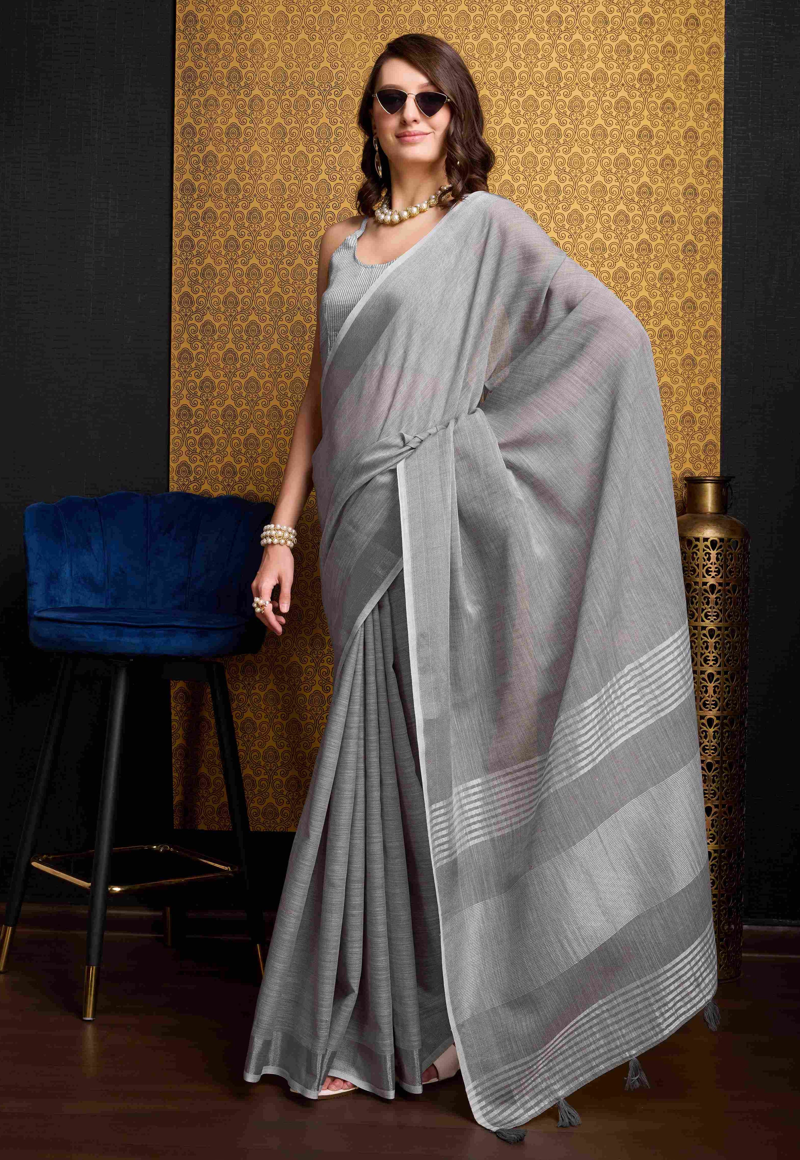 Sophisticated Grey Linen Saree