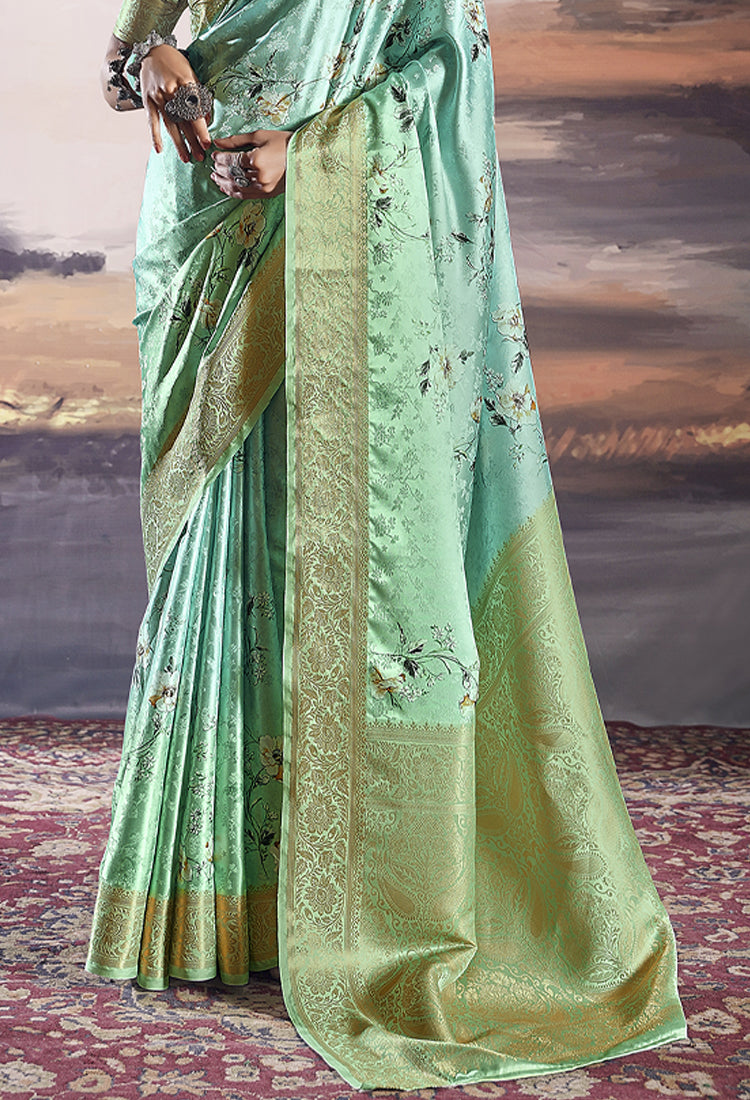 Turquoise Green  Pure Satin with Handwoven Dual Shade & Floral Digital Print