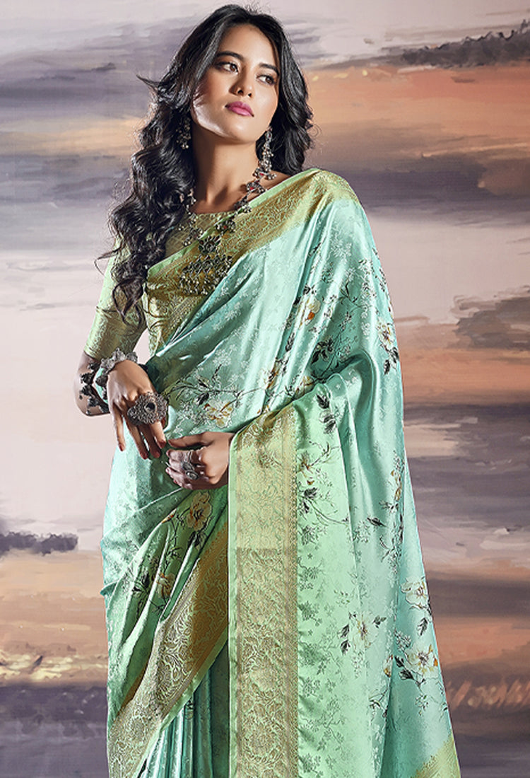 Turquoise Green  Pure Satin with Handwoven Dual Shade & Floral Digital Print