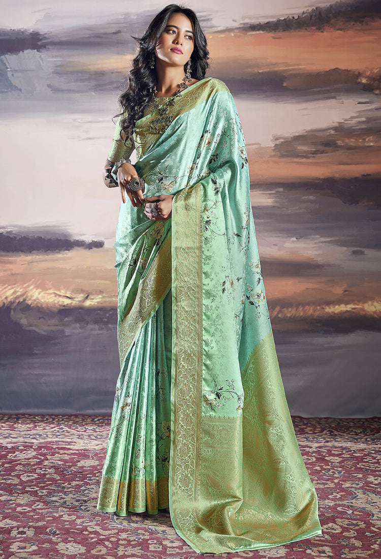 Turquoise Green  Pure Satin with Handwoven Dual Shade & Floral Digital Print