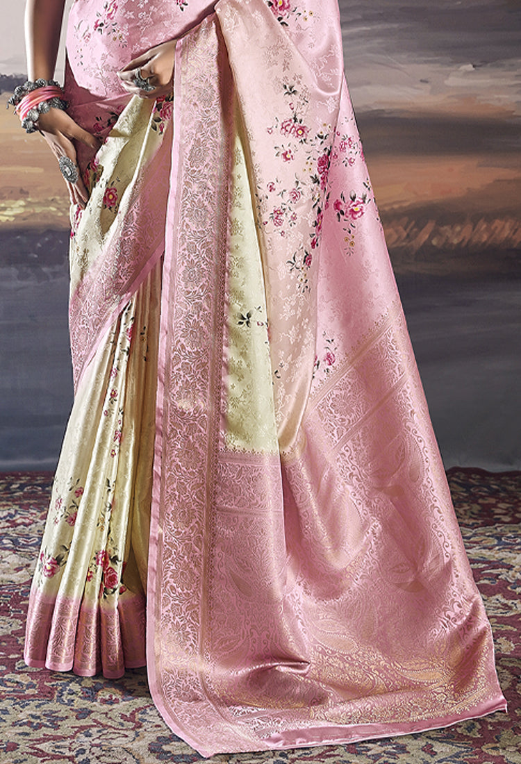 Pastel Pink and Pearl Bush   Pure Satin with Handwoven Dual Shade & Floral Digital Print